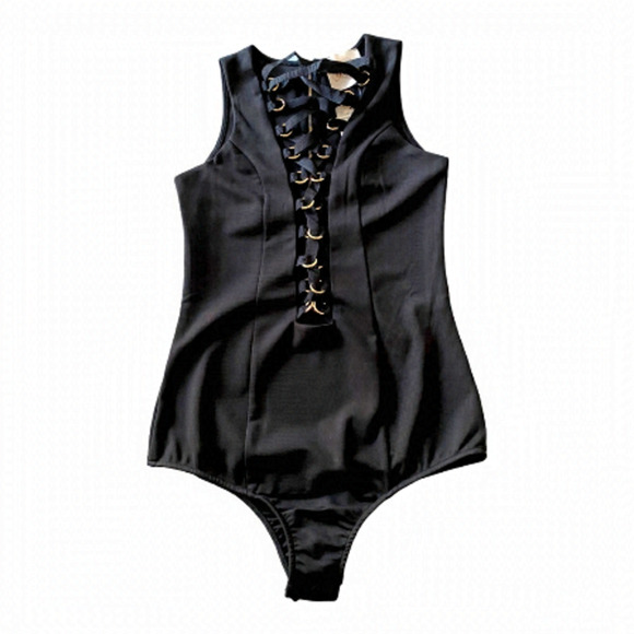 😍2/$20 NWT Mendocino Sz S Black Lace Up Chain SteamPunk Body Suit - Picture 1 of 12